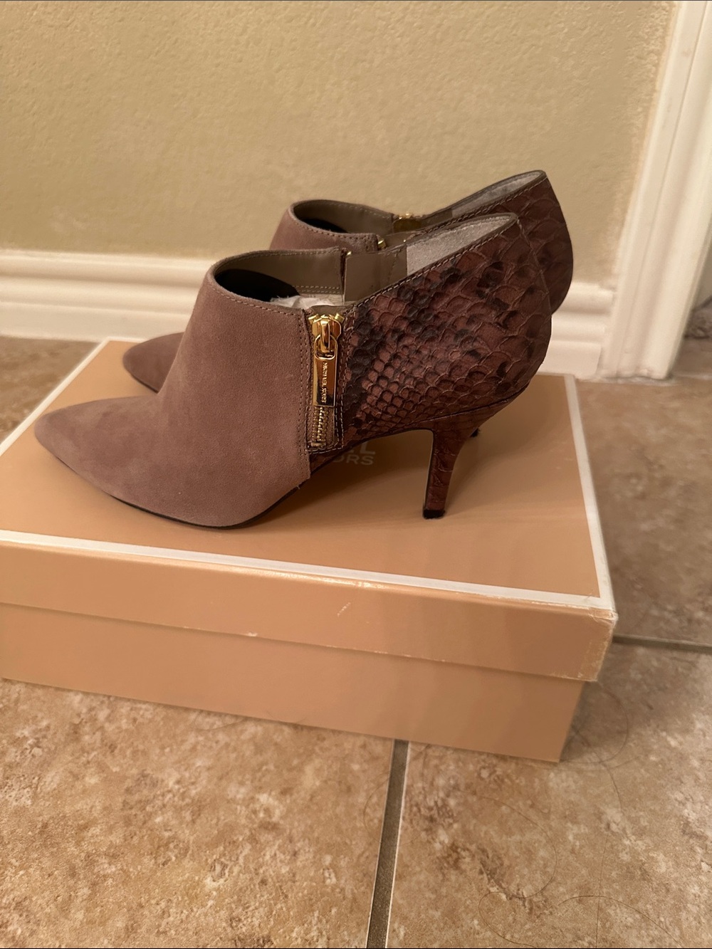 Suede & Snakeskin-Texture Taupe Ankle Booties with Gold Zip